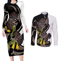 New Zealand Valentines Day Couples Matching Long Sleeve Bodycon Dress and Long Sleeve Button Shirt Piwakawaka Lovers Maori Koru Tattoo LT14 Black - Polynesian Pride