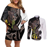 New Zealand Valentines Day Couples Matching Off Shoulder Short Dress and Long Sleeve Button Shirt Piwakawaka Lovers Maori Koru Tattoo LT14 Black - Polynesian Pride