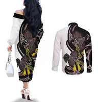 New Zealand Valentines Day Couples Matching Off The Shoulder Long Sleeve Dress and Long Sleeve Button Shirt Piwakawaka Lovers Maori Koru Tattoo LT14 - Polynesian Pride