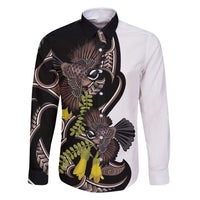 New Zealand Valentines Day Family Matching Long Sleeve Bodycon Dress and Hawaiian Shirt Piwakawaka Lovers Maori Koru Tattoo LT14 Dad's Shirt - Long Sleeve Black - Polynesian Pride