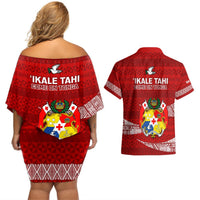 Tonga Rugby Couples Matching Off Shoulder Short Dress and Hawaiian Shirt 2023 Ikale Tahi Tongan Ngatu Pattern LT14 - Polynesian Pride