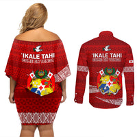 Tonga Rugby Couples Matching Off Shoulder Short Dress and Long Sleeve Button Shirts 2023 Ikale Tahi Tongan Ngatu Pattern LT14 - Polynesian Pride