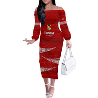 Tonga Rugby Family Matching Off Shoulder Long Sleeve Dress and Hawaiian Shirt 2023 Ikale Tahi Tongan Ngatu Pattern LT14 Mom's Dress Red - Polynesian Pride