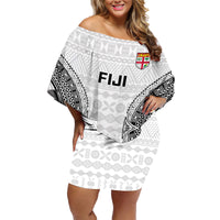 Fiji Rugby Family Matching Off Shoulder Short Dress and Hawaiian Shirt 2023 Go Champions World Cup Fijian Tapa Pattern LT14 Mom's Dress White - Polynesian Pride