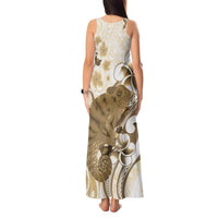 Brown And White Hawaii Chameleon Tank Maxi Dress Plumeria Polynesian Tribal Art