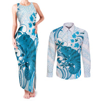 Cyan And White Hawaii Chameleon Couples Matching Tank Maxi Dress and Long Sleeve Button Shirt Plumeria Polynesian Tribal Art LT14 Cyan - Polynesian Pride