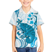 Cyan And White Hawaii Chameleon Family Matching Long Sleeve Bodycon Dress and Hawaiian Shirt Plumeria Polynesian Tribal Art LT14 Son's Shirt Cyan - Polynesian Pride