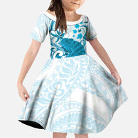 Cyan And White Hawaii Chameleon Family Matching Mermaid Dress and Hawaiian Shirt Plumeria Polynesian Tribal Art LT14 Daughter's Dress Cyan - Polynesian Pride