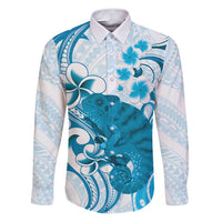 Cyan And White Hawaii Chameleon Family Matching Puletasi and Hawaiian Shirt Plumeria Polynesian Tribal Art LT14 Dad's Shirt - Long Sleeve Cyan - Polynesian Pride