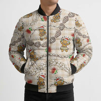 Beige Palaka Hawaii Mele Kalikimaka Bomber Puffer Jacket Ohia Lehua Shell Leis Funny Gingerbread Santa - Polynesian Pride