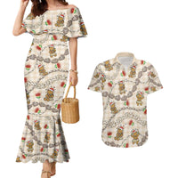 Beige Palaka Hawaii Mele Kalikimaka Couples Matching Mermaid Dress and Hawaiian Shirt Ohia Lehua Shell Leis Funny Gingerbread Santa LT14 Beige - Polynesian Pride