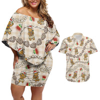 Beige Palaka Hawaii Mele Kalikimaka Couples Matching Off Shoulder Short Dress and Hawaiian Shirt Ohia Lehua Shell Leis Funny Gingerbread Santa LT14 Beige - Polynesian Pride