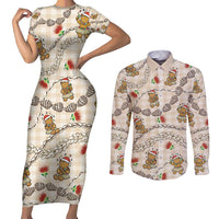 Beige Palaka Hawaii Mele Kalikimaka Couples Matching Short Sleeve Bodycon Dress and Long Sleeve Button Shirt Ohia Lehua Shell Leis Funny Gingerbread Santa LT14 Beige - Polynesian Pride