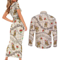 Beige Palaka Hawaii Mele Kalikimaka Couples Matching Short Sleeve Bodycon Dress and Long Sleeve Button Shirt Ohia Lehua Shell Leis Funny Gingerbread Santa LT14 - Polynesian Pride