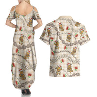 Beige Palaka Hawaii Mele Kalikimaka Couples Matching Summer Maxi Dress and Hawaiian Shirt Ohia Lehua Shell Leis Funny Gingerbread Santa LT14 - Polynesian Pride