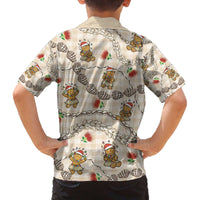 Beige Palaka Hawaii Mele Kalikimaka Family Matching Off The Shoulder Long Sleeve Dress and Hawaiian Shirt Ohia Lehua Shell Leis Funny Gingerbread Santa LT14 - Polynesian Pride
