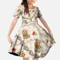 Beige Palaka Hawaii Mele Kalikimaka Family Matching Off The Shoulder Long Sleeve Dress and Hawaiian Shirt Ohia Lehua Shell Leis Funny Gingerbread Santa LT14 Daughter's Dress Beige - Polynesian Pride