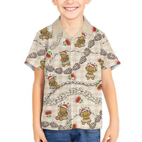 Beige Palaka Hawaii Mele Kalikimaka Family Matching Off The Shoulder Long Sleeve Dress and Hawaiian Shirt Ohia Lehua Shell Leis Funny Gingerbread Santa LT14 - Polynesian Pride