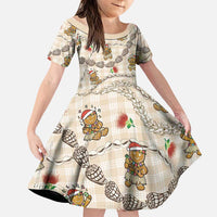 Beige Palaka Hawaii Mele Kalikimaka Family Matching Off Shoulder Maxi Dress and Hawaiian Shirt Ohia Lehua Shell Leis Funny Gingerbread Santa LT14 Daughter's Dress Beige - Polynesian Pride