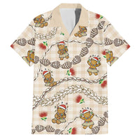 Beige Palaka Hawaii Mele Kalikimaka Family Matching Off Shoulder Maxi Dress and Hawaiian Shirt Ohia Lehua Shell Leis Funny Gingerbread Santa LT14 Dad's Shirt - Short Sleeve Beige - Polynesian Pride