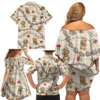 Beige Palaka Hawaii Mele Kalikimaka Family Matching Off Shoulder Short Dress and Hawaiian Shirt Ohia Lehua Shell Leis Funny Gingerbread Santa - Polynesian Pride