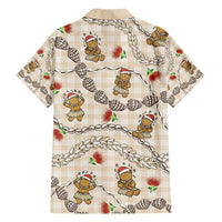 Beige Palaka Hawaii Mele Kalikimaka Family Matching Off Shoulder Short Dress and Hawaiian Shirt Ohia Lehua Shell Leis Funny Gingerbread Santa - Polynesian Pride