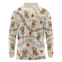 Beige Palaka Hawaii Mele Kalikimaka Long Sleeve Polo Shirt Ohia Lehua Shell Leis Funny Gingerbread Santa - Polynesian Pride