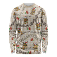 Beige Palaka Hawaii Mele Kalikimaka Long Sleeve Shirt Ohia Lehua Shell Leis Funny Gingerbread Santa - Polynesian Pride