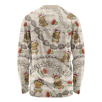 Beige Palaka Hawaii Mele Kalikimaka Long Sleeve Shirt Ohia Lehua Shell Leis Funny Gingerbread Santa - Polynesian Pride