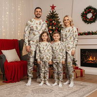 Beige Palaka Hawaii Mele Kalikimaka Christmas Pajama Set Ohia Lehua Shell Leis Funny Gingerbread Santa - Polynesian Pride