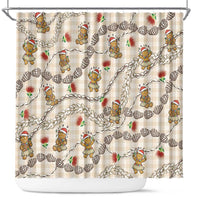 Beige Palaka Hawaii Mele Kalikimaka Shower Curtain Ohia Lehua Shell Leis Funny Gingerbread Santa - Polynesian Pride