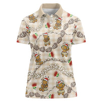 Beige Palaka Hawaii Mele Kalikimaka Women Polo Shirt Ohia Lehua Shell Leis Funny Gingerbread Santa LT14 Female Beige - Polynesian Pride