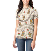 Beige Palaka Hawaii Mele Kalikimaka Women Polo Shirt Ohia Lehua Shell Leis Funny Gingerbread Santa LT14 - Polynesian Pride