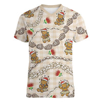 Beige Palaka Hawaii Mele Kalikimaka Women V-Neck T-Shirt Ohia Lehua Shell Leis Funny Gingerbread Santa LT14 Female Beige - Polynesian Pride