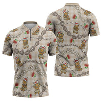 Beige Palaka Hawaii Mele Kalikimaka Zipper Polo Shirt Ohia Lehua Shell Leis Funny Gingerbread Santa - Polynesian Pride