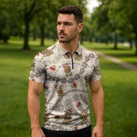 Beige Palaka Hawaii Mele Kalikimaka Zipper Polo Shirt Ohia Lehua Shell Leis Funny Gingerbread Santa - Polynesian Pride