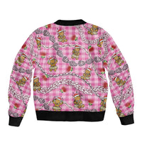 Pink Palaka Hawaii Mele Kalikimaka Bomber Jacket Ohia Lehua Shell Leis Funny Gingerbread Santa - Polynesian Pride