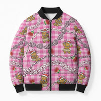 Pink Palaka Hawaii Mele Kalikimaka Bomber Puffer Jacket Ohia Lehua Shell Leis Funny Gingerbread Santa - Polynesian Pride