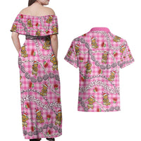 Pink Palaka Hawaii Mele Kalikimaka Couples Matching Off Shoulder Maxi Dress and Hawaiian Shirt Ohia Lehua Shell Leis Funny Gingerbread Santa LT14 - Polynesian Pride