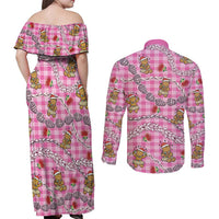 Pink Palaka Hawaii Mele Kalikimaka Couples Matching Off Shoulder Maxi Dress and Long Sleeve Button Shirt Ohia Lehua Shell Leis Funny Gingerbread Santa - Polynesian Pride