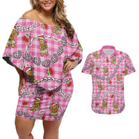 Pink Palaka Hawaii Mele Kalikimaka Couples Matching Off Shoulder Short Dress and Hawaiian Shirt Ohia Lehua Shell Leis Funny Gingerbread Santa LT14 Pink - Polynesian Pride