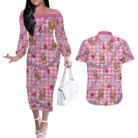 Pink Palaka Hawaii Mele Kalikimaka Couples Matching Off The Shoulder Long Sleeve Dress and Hawaiian Shirt Ohia Lehua Shell Leis Funny Gingerbread Santa LT14 Pink - Polynesian Pride