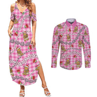 Pink Palaka Hawaii Mele Kalikimaka Couples Matching Summer Maxi Dress and Long Sleeve Button Shirt Ohia Lehua Shell Leis Funny Gingerbread Santa LT14 Pink - Polynesian Pride