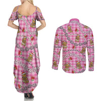 Pink Palaka Hawaii Mele Kalikimaka Couples Matching Summer Maxi Dress and Long Sleeve Button Shirt Ohia Lehua Shell Leis Funny Gingerbread Santa LT14 - Polynesian Pride