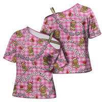 Pink Palaka Hawaii Mele Kalikimaka Cross Shoulder Shirt Ohia Lehua Shell Leis Funny Gingerbread Santa - Polynesian Pride