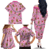 Pink Palaka Hawaii Mele Kalikimaka Family Matching Off The Shoulder Long Sleeve Dress and Hawaiian Shirt Ohia Lehua Shell Leis Funny Gingerbread Santa LT14 - Polynesian Pride