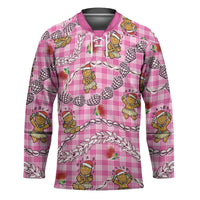 Pink Palaka Hawaii Mele Kalikimaka Hockey Jersey Ohia Lehua Shell Leis Funny Gingerbread Santa - Polynesian Pride