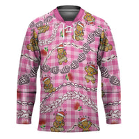 Pink Palaka Hawaii Mele Kalikimaka Hockey Jersey Ohia Lehua Shell Leis Funny Gingerbread Santa - Polynesian Pride