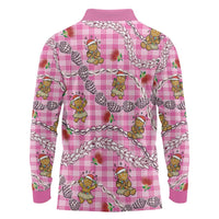 Pink Palaka Hawaii Mele Kalikimaka Long Sleeve Polo Shirt Ohia Lehua Shell Leis Funny Gingerbread Santa - Polynesian Pride