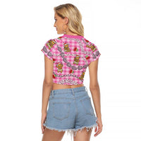 Pink Palaka Hawaii Mele Kalikimaka Raglan Cropped T Shirt Ohia Lehua Shell Leis Funny Gingerbread Santa - Polynesian Pride